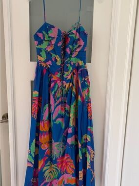 FARM Rio Blue Tropical Print Maxi Dress with Pink, Green & Orange